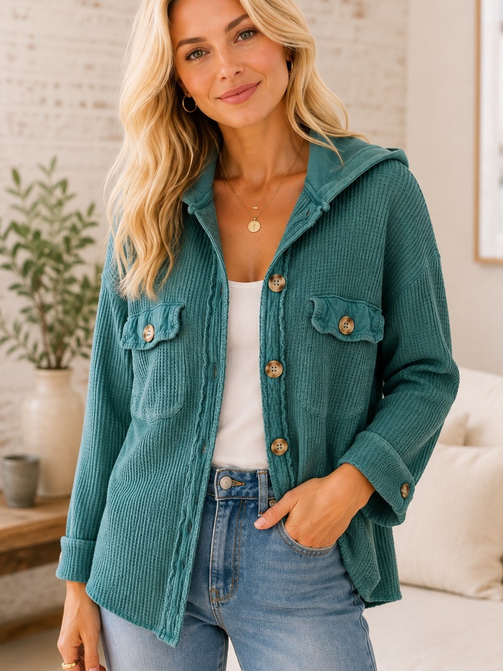 BKE Boutique Hooded Waffle Knit Shacket Teal Button Front Oversized Size L